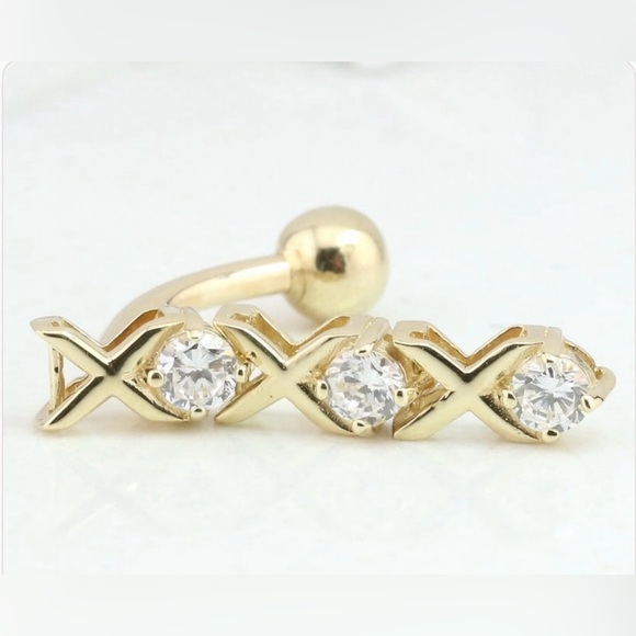 14K Gold “xoxoxo” Dangling Belly Ring - Picture 5 of 5